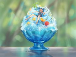 Rule 34 | 1girl, akizakura mns, aqua hair, aqua necktie, bare shoulders, barefoot, black skirt, cherry, closed eyes, commentary, cup, drooling, food, fruit, grey shirt, hair ornament, hatsune miku, highres, ice, long hair, mini person, minigirl, miniskirt, mouth drool, necktie, open mouth, orange (fruit), pineapple, shirt, sitting on food, skirt, sleeveless, sleeveless shirt, solo, twintails, very long hair, vocaloid