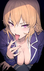 Rule 34 | 1girl, black background, blonde hair, blush, breasts, cleavage, collarbone, from above, haoni, highres, large breasts, long hair, long sleeves, looking at viewer, looking up, nakiri erina, open mouth, purple eyes, saliva, shirt, shokugeki no souma, simple background, solo, thighhighs, tongue, tongue out, white shirt