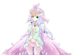 Rule 34 | 1girl, animal ears, armlet, bird ears, bird legs, bird tail, bmp-to-png conversion, breasts, cleavage, crown, dress, eyeshadow, feathered wings, feathers, green dress, green eyes, half-closed eyes, harpy, large breasts, long hair, looking at viewer, lucretia (mon-musu quest!), makeup, mon-musu quest!, monster girl, non-web source, pink eyeshadow, pink feathers, pink wings, purple feathers, purple hair, single hair tube, smile, solo, tail, transparent background, very long hair, winged arms, wings