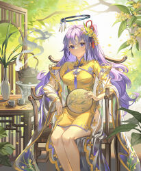 Rule 34 | 1girl, al guang, alternate costume, alternate hairstyle, blue archive, chair, china dress, chinese clothes, closed mouth, commentary request, cup, dress, feet out of frame, flower, hair flower, hair ornament, halo, hand fan, highres, holding, holding fan, long hair, looking at viewer, outdoors, paper fan, purple eyes, purple hair, see-through, side slit, sitting, solo, table, tassel, teacup, teapot, tree, uchiwa, vase, yellow dress, yellow flower, yuuka (blue archive)