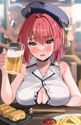 Rule 34 | 1girl, absurdres, alcohol, beer, beer mug, beret, black hat, blush, breasts, chopsticks, cleavage, collared shirt, cup, haru yu, hat, heterochromia, highres, holding, holding cup, hololive, houshou marine, houshou marine (businesswoman), large breasts, looking at viewer, mug, official alternate costume, open mouth, red eyes, red hair, shirt, short hair, sleeveless, sleeveless shirt, solo, virtual youtuber, white shirt, yellow eyes