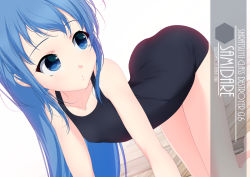 Rule 34 | 1girl, all fours, artist name, ass, black one-piece swimsuit, blue eyes, blue hair, character name, collarbone, dutch angle, feet out of frame, flat chest, gradient hair, inaba shiki, kantai collection, long hair, looking back, multicolored hair, one-hour drawing challenge, one-piece swimsuit, samidare (kancolle), school swimsuit, simple background, solo, swept bangs, swimsuit, very long hair, white background, wooden floor