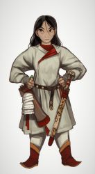 1girl, animal print, arrow (projectile), belt, black eyes, black hair, boots, brown belt, chinese clothes, closed mouth, fa mulan (disney), full body, hair between eyes, hands on hips, highres, leopard print, long sleeves, looking up, mossacannibalis, mulan, pointy footwear, quiver, red footwear, red shirt, robe, sanpaku, scabbard, sheath, sheathed, shirt, simple background, solo, standing, sword, weapon, white background