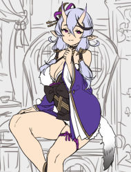 Rule 34 | 1girl, :&gt;, black bow, bow, breasts, cleavage, closed mouth, crossed bangs, feet out of frame, hair between eyes, hair bow, hand up, horns, houtengeki, long sleeves, looking at viewer, low twintails, medium breasts, nijisanji, oni, pointy ears, purple eyes, purple hair, rindou mikoto, sitting, sketch background, skin-covered horns, smile, solo, tail, twintails, unfinished, virtual youtuber, wide sleeves