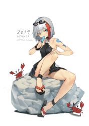 Rule 34 | 1girl, 2019, absurdres, admiral graf spee (azur lane), ass, azur lane, bare arms, bare legs, bare shoulders, black-framed eyewear, black dress, black panties, blue eyes, blush, breasts, collarbone, crab, dress, covered erect nipples, eyewear on head, food, highres, holding, knee up, looking at viewer, multicolored hair, nail polish, o-ring, panties, popsicle, red hair, rock, romana, scrunchie, short hair, silver hair, sitting, sleeveless, sleeveless dress, slippers, small breasts, solo, streaked hair, sunglasses, tattoo, thighs, two-tone hair, underwear, white background, wrist scrunchie