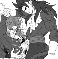 Rule 34 | 2boys, abs, anal, anus, bara, barefoot, blood, blush, bottomless, censored, cum, cum in ass, dragon ball, dragonball z, ejaculating while penetrated, ejaculation, gogeta, lowres, male focus, male penetrated, monochrome, multiple boys, muscular, naughty face, pectorals, penis, simple background, son goku, steam, sweat, tagme, tail, testicles, vegeta, vegetto, yaoi