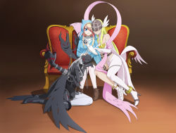 Rule 34 | 3girls, absurdres, angel, angel and devil, angel wings, angewomon, animal hood, ankle boots, anklet, arm hug, artist name, asymmetrical clothes, asymmetrical footwear, asymmetrical legwear, bad id, bad pixiv id, bare shoulders, belt, black belt, black footwear, black legwear, black skirt, blonde hair, blue cloak, boots, breasts, brown background, brown footwear, brown hair, cat hood, catsuit, chain, chinese commentary, claws, cleavage, cloak, clothes writing, clothing cutout, colored skin, commentary request, couch, covered eyes, demon, digimon, digimon (creature), digivice, elbow gloves, eyes visible through hair, fang, full body, girl sandwich, gloves, glowing, grey hair, grey skin, grin, hair over one eye, hand on another&#039;s head, helmet, high heels, highres, holding, hood, hood up, hooded cloak, jewelry, knees together feet apart, ladydevimon, lap pillow, large breasts, leaning on person, leather suit, long arms, long hair, long sleeves, looking at viewer, milk (1667865540), mismatched footwear, mismatched legwear, mixed-language commentary, multicolored hair, multiple girls, multiple wings, navel cutout, o-ring, o-ring belt, one eye closed, original, pantyhose, pink hair, red eyes, sandwiched, shading, shadow, shirt, short hair with long locks, sidelocks, sitting, skirt, smile, stitches, thigh strap, turtleneck, two-tone hair, v, white footwear, white gloves, white legwear, white shirt, winged helmet, wings, wrist wings, yokozuwari