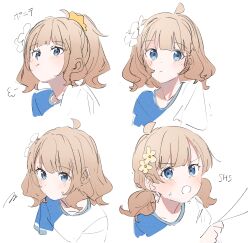 Rule 34 | 1girl, 3:, :t, absurdres, ahoge, alternate hairstyle, annoyed, blue eyes, blue shirt, blunt bangs, blush, closed mouth, clothes grab, collarbone, cropped torso, d:, dot nose, expressionless, eyes visible through hair, flower, from side, hair flower, hair ornament, hair up, hand up, highres, idolmaster, idolmaster million live!, idolmaster million live! theater days, lesson wear (idolmaster million live!), light brown hair, looking ahead, looking at viewer, looking up, low twintails, meeeeeeco359, multiple views, open mouth, pout, puff of air, scrunchie, shirt, short hair, short sleeves, short twintails, sidelocks, simple background, squiggle, suou momoko, sweat, t-shirt, twintails, two-tone shirt, upper body, v-shaped eyebrows, wavy hair, wavy mouth, white background, white flower, white shirt, yellow scrunchie