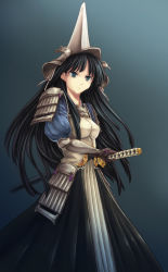 Rule 34 | 1girl, armor, armored dress, black hair, blue background, green eyes, long hair, rance (series), sengoku rance, su ma ki, sword, uesugi kenshin (rance), weapon