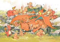 Rule 34 | 3:, 6+others, charizard, charmander, charmeleon, claws, colored skin, creatures (company), ditto, evolutionary line, flame-tipped tail, flower, game freak, gen 1 pokemon, grass, highres, horns, moss, multiple others, newo (shinra-p), nintendo, nose bubble, orange skin, pokemon, pokemon (creature), red skin, rock, tongue, tongue out, transformed ditto, wings
