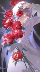 Rule 34 | 1girl, alternate costume, black nails, chinese commentary, commentary request, coquelic (path to nowhere), cowboy shot, dress, flower, flower in eye, frilled dress, frills, highres, holding, holding flower, holding scissors, leaf, light particles, long hair, one eye covered, path to nowhere, red eyes, red flower, renzao chunyang, scissors, solo, symbol in eye, very long hair, white dress, white hair