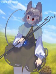 Rule 34 | 1girl, absurdres, animal ears, brown dress, capelet, dress, grey capelet, grey hair, highres, mouse (animal), mouse ears, mouse girl, mouse tail, nazrin, outdoors, red eyes, roman komarov, shirt, solo, tail, touhou, white shirt