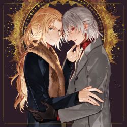 Rule 34 | 2boys, antonio salieri (fate), black gloves, blonde hair, fate/grand order, fate (series), feather boa, formal, gloves, grabbing another&#039;s chin, green eyes, grey hair, half updo, hand on another&#039;s chin, highres, long hair, male focus, multiple boys, ponytail, red eyes, sindri, suit, wolfgang amadeus mozart (fate), yaoi