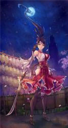 Rule 34 | 1girl, breasts, building, female focus, full body, highres, japanese clothes, large breasts, long hair, momiji (ninja gaiden), nature, ninja gaiden, ninja gaiden: dragon sword, ninja gaiden sigma, ninja gaiden sigma 2, outdoors, petals, plant, ponytail, sky, skyscraper, solo, weapon, zzwei