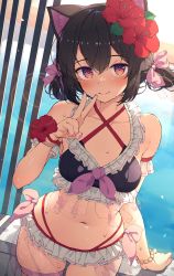 Rule 34 | 1girl, absurdres, animal ear fluff, animal ears, arm support, bead bracelet, beads, bikini, black bikini, black hair, bracelet, breasts, cat ears, cat girl, closed mouth, commentary request, fang, flower, frilled bikini, frills, hair flower, hair ornament, hair ribbon, highres, jewelry, looking at viewer, medium breasts, navel, original, pink ribbon, red eyes, ribbon, short hair, skin fang, smile, solo, swimsuit, sy4, two-tone bikini, wet, white bikini