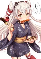 Rule 34 | 10s, 1girl, amatsukaze (kancolle), candy apple, chocolate banana, food, food in mouth, hair tubes, hairband, highres, hot dog, ichikawa feesu, japanese clothes, kantai collection, kimono, long hair, looking at viewer, mouth hold, red thighhighs, solo, takoyaki, thighhighs, translated, twintails, two side up, white hair, wide sleeves, yukata