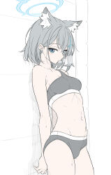 1girl animal_ear_fluff animal_ears arms_behind_back blue_archive blue_eyes blue_halo blush breasts closed_mouth commentary cowboy_shot cross cross_hair_ornament extra_ears grey_hair grey_panties grey_sports_bra hair_ornament halo highres inverted_cross looking_at_viewer medium_breasts navel panties shiroko_(blue_archive) short_hair simple_background sketch_background solo sports_bra stomach sweat t1kosewad underwear white_background wolf_ears wolf_girl