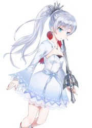 Rule 34 | 1girl, blue eyes, cropped jacket, dress, earrings, holding, holding sword, holding weapon, jewelry, kenshin (kenshin3), long hair, necklace, ponytail, rapier, rwby, scar, scar across eye, scar on face, side ponytail, simple background, skirt, solo, sword, weapon, weiss schnee, white hair