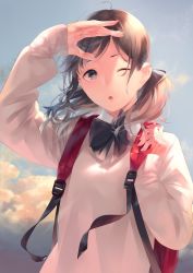 Rule 34 | 1girl, :o, backpack, bag, black bow, black bowtie, bow, bowtie, brown eyes, brown hair, cloud, cloudy sky, commentary request, day, hand up, long sleeves, looking at viewer, low twintails, one eye closed, original, parted lips, sky, sleeves past wrists, solo, sousou (sousouworks), sweater, twintails, upper body