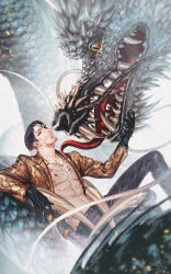 Rule 34 | 1boy, black hair, black pants, chest tattoo, commentary request, creature, dragon, eye contact, eyepatch, facial hair, gloves, goatee, highres, jacket, jiao mao, leather, leather gloves, leather pants, looking at another, majima goro, navel, open clothes, open jacket, pants, pectorals, ryuu ga gotoku (series), ryuu ga gotoku 1, sega, short hair, snake print, snakeskin, solo focus, tattoo, toned, toned male
