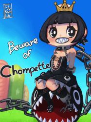 Rule 34 | &gt; &lt;, 1girl, :d, ahoge, animated, animated gif, ankle cuffs, artist name, bare shoulders, barking, black dress, black eyes, black hair, black legwear, blunt bangs, blush, boots, bound, bound wrists, chain, chain chomp, chain leash, cloud, collar, collarbone, covered navel, cross-laced clothes, cuffs, day, dress, earrings, elbow gloves, english text, flat chest, gloves, grass, handcuffs, hill, huge filesize, jewelry, knee boots, leash, mario (series), new super mario bros. u deluxe, nintendo, open mouth, outdoors, princess chain chomp, sharp teeth, short eyebrows, short hair, sitting, sky, smile, solo focus, sukendo, super crown, teeth, wrist cuffs