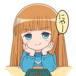 Rule 34 | 1girl, arm support, blue dress, blue eyes, blunt bangs, blush, book, brown hair, closed mouth, dress, hands up, head in hand, head rest, juju coo shnamur, long hair, looking at viewer, mahoujin guruguru, smile, solo, tadanoshi kabane, translation request, v-shaped eyebrows, white background