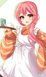 Rule 34 | 1girl, :d, absurdres, apron, blush, commentary request, cowboy shot, double-parted bangs, eyelashes, hair between eyes, hair ornament, hairclip, highres, holding, holding tray, japanese clothes, kimono, kurama koharu, kyouno komatsu, long hair, long sleeves, looking at viewer, low ponytail, maid, maid apron, open mouth, orange kimono, pink hair, senren banka, simple background, smile, solo, standing, teapot, tray, twitter username, wa maid, white apron, white background, wide sleeves, yellow eyes