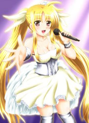 Rule 34 | 00s, 1girl, blonde hair, blush, breasts, cleavage, diesel-turbo, dress, fate testarossa, long hair, lyrical nanoha, mahou shoujo lyrical nanoha, mahou shoujo lyrical nanoha strikers, microphone, mizuki nana, red eyes, solo, thighhighs, twintails, very long hair