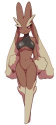 Rule 34 | 1girl, :3, ababaa, animal nose, arms at sides, bare shoulders, black sclera, black shirt, blush, body fur, bottomless, breasts, brown fur, closed mouth, clothed pokemon, colored sclera, creatures (company), crop top, female focus, furry, furry female, game freak, gen 4 pokemon, groin, happy, legs together, looking at viewer, lopunny, medium breasts, navel, nintendo, no pussy, pink eyes, pokemon, pokemon (creature), rabbit ears, rabbit girl, shirt, simple background, sleeveless, sleeveless shirt, smile, solo, stomach, two-tone fur, underboob, white background