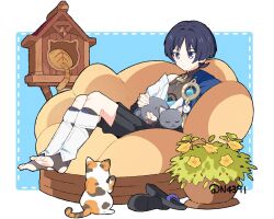 Rule 34 | 1boy, animal, animal on lap, artist name, bean bag chair, black hair, black shirt, black shorts, blue background, blue cape, blue eyes, blunt ends, border, bridal gauntlets, cape, cat, cat on lap, cat tower, closed mouth, commentary, english commentary, expressionless, flower, full body, genshin impact, hakama, hakama shorts, jacket, japanese clothes, male focus, n4391, no shoes, off shoulder, on lap, open clothes, open jacket, outside border, parted bangs, plant, pom pom (clothes), potted plant, sandals, unworn sandals, scaramouche (genshin impact), shirt, short hair, short sleeves, shorts, sidelocks, simple background, sitting, sleeveless, sleeveless shirt, solo, stirrup legwear, toeless legwear, toenails, toes, twitter username, vision (genshin impact), wanderer (genshin impact), white border, white jacket, yellow flower