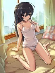 Rule 34 | 10s, 1girl, bed, bedroom, black hair, blouse, blush, breasts, brown eyes, camisole, curtains, day, full body, girls und panzer, icomochi, indoors, lace, lace-trimmed panties, lace-trimmed shirt, lace trim, long hair, looking at viewer, no headwear, panties, parted lips, pillow, reizei mako, shirt, sitting, small breasts, solo, strap pull, sunlight, underwear, underwear only, wariza, white panties, white shirt, window