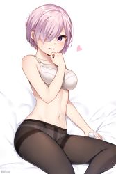 Rule 34 | 1girl, bare arms, bare shoulders, bed sheet, black pantyhose, blush, bra, crotch seam, eyes visible through hair, fate/grand order, fate (series), fine fabric emphasis, hair over one eye, heart, highres, looking at viewer, mash kyrielight, mono (mono mon), navel, panties, panties under pantyhose, pantyhose, parted lips, pink hair, purple eyes, sheet grab, short hair, simple background, sitting, smile, solo, stomach, sweat, thighband pantyhose, twitter username, underwear, white background, white bra