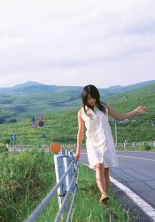 Rule 34 | 1girl, asian, bare legs, dress, guard rail, kawamura yuki, long hair, outdoors, photo (medium), road sign, sandals, solo, sundress, tagme