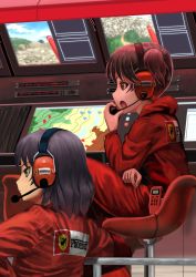 Rule 34 | 2girls, abazu-red, alisa (girls und panzer), brown eyes, brown hair, chair, closed mouth, commentary, dark-skinned female, dark skin, freckles, from side, girls und panzer, green eyes, head, highres, hoshino (girls und panzer), indoors, jumpsuit, logo, long sleeves, map, monitor, multiple girls, open mouth, radio, red jumpsuit, short hair, short twintails, sitting, twintails