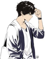 Rule 34 | 1boy, artist logo, bag, black hair, closed mouth, collarbone, from side, green eyes, grey jacket, hand in own hair, hand up, highres, hyouka, jacket, long sleeves, male focus, mery (yangmalgage), oreki houtarou, profile, shirt, short hair, signature, simple background, sleeves past elbows, solo, upper body, watch, white background, wristwatch