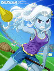 Rule 34 | 1boy, 1girl, angry, ball, blue skin, broom, clenched teeth, colored skin, green hair, hair ornament, hair tie, hairclip, highres, kneehighs, long hair, meditation, my little pony, my little pony: equestria girls, my little pony: friendship is magic, personification, ponytail, purple eyes, quidditch, sharp teeth, shorts, snails (mlp), socks, tagme, tank top, teeth, tennis ball, trixie lulamoon, uotapo, white hair, yellow skin