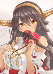 Rule 34 | 1girl, bare shoulders, black hair, blush, box, brown eyes, detached sleeves, gensoukitan, gift, hair ornament, hairband, hairclip, haruna (kancolle), headgear, heart-shaped box, highres, holding, holding gift, japanese clothes, kantai collection, long hair, looking at viewer, nontraditional miko, ribbon-trimmed sleeves, ribbon trim, sarashi, solo, upper body, valentine
