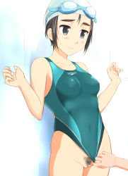 Rule 34 | 1girl, black eyes, black hair, blush, cleft of venus, clothing aside, competition swimsuit, goggles, goggles on head, highres, one-piece swimsuit, original, pubic hair, pussy, short hair, speedo (company), swim cap, swimsuit, swimsuit aside, takafumi, uncensored