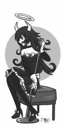 Rule 34 | 1girl, alice (bendy and the ink machine), bare shoulders, bendy and the ink machine, black hair, black lips, breasts, choker, detached sleeves, dress, high heels, highres, horns, long hair, ribbon, thighhighs