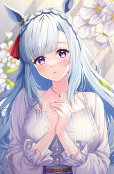 Rule 34 | animal ears, belt, blue hair, blush, breasts, casual, collarbone, commentary request, floral background, hair ornament, highres, horse ears, horse girl, jewelry, large breasts, long hair, looking at viewer, mejiro ardan (umamusume), necklace, open mouth, own hands together, portrait, primamiya, purple eyes, solo, umamusume
