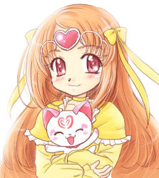 Rule 34 | 10s, 1girl, akihara ryo, akihara ryou, bow, cat, choker, circlet, cure muse, cure muse (yellow), dress, hair bow, heart, holding, hummy (suite precure), long hair, orange hair, pink eyes, precure, ribbon choker, shirabe ako, smile, suite precure, white background, yellow bow
