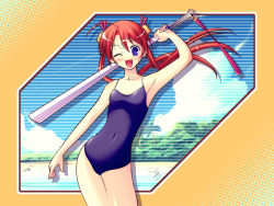 Rule 34 | 00s, 1girl, ;d, arm up, armpits, beach, bell, blue eyes, blue sky, blue one-piece swimsuit, blush, casual one-piece swimsuit, folded fan, cloud, collarbone, contrapposto, covered navel, day, floating hair, folding fan, hair ribbon, hand fan, kagurazaka asuna, looking at viewer, mahou sensei negima!, one-piece swimsuit, one eye closed, open mouth, outdoors, palm tree, purple eyes, red hair, ribbon, sand, short hair with long locks, skin tight, sky, smile, solo, standing, swimsuit, tree, twintails, wallpaper, water, wind, wink, yellow ribbon