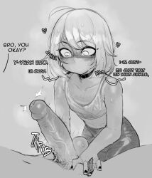 Rule 34 | 2boys, ahoge, blush, choker, collarbone, commentary, condom, condom wrapper, crop top, english commentary, english text, erection, greyscale, heart, highres, holding, holding condom, joey (krekkov), krekkov, male focus, mask, monochrome, mouth mask, multiple boys, nail polish, original, penis, penis awe, simple background, solo focus, sweat, tan, tanline, testicles, trap, uncensored, veins, veiny penis, yaoi