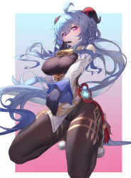 Rule 34 | 1girl, absurdres, ahoge, bare shoulders, bell, black pantyhose, blue hair, blush, bodysuit, breasts, closed mouth, covered erect nipples, floating hair, from below, ganyu (genshin impact), genshin impact, gloves, gradient background, hair between eyes, hand on own cheek, hand on own face, highres, horns, kneeling, large breasts, long bangs, long hair, looking at viewer, outside border, pantyhose, pelvic curtain, purple eyes, saw272, solo, taut bodysuit, thighs, very long hair
