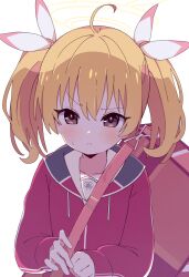 Rule 34 | 1girl, absurdres, ahoge, blonde hair, blue archive, blush, brown eyes, closed mouth, hair between eyes, halo, highres, jacket, long hair, long sleeves, looking at viewer, mesushio, red jacket, simple background, solo, twintails, upper body, white background, yellow halo, yoshimi (blue archive)