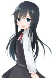 Rule 34 | 1girl, asashio (kancolle), black hair, blue eyes, commentary request, cowboy shot, dress, flat chest, highres, kantai collection, kayuma, long hair, long sleeves, looking at viewer, neck ribbon, pinafore dress, red ribbon, ribbon, school uniform, simple background, sleeveless, sleeveless dress, smile, solo, white background
