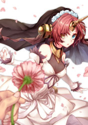 Rule 34 | 1girl, :o, blue eyes, breasts, bridal veil, cleavage, dress, elbow gloves, fate/grand order, fate (series), flower, frankenstein&#039;s monster (fate), gloves, hair flower, hair ornament, heterochromia, horns, looking at viewer, petals, pink hair, pov, pov hands, see-through, see-through cleavage, short hair, single horn, small breasts, solo, solo focus, tobidayooon, veil, wedding dress, white dress, white gloves, yellow eyes