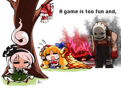 Rule 34 | 1boy, 2girls, :3, = =, aura, bald, blonde hair, blood, blood on clothes, blood on hands, bow, bowtie, cape, character request, chibi, closed eyes, closed mouth, commentary request, cosplay, crossover, english text, engrish text, flying sweatdrops, full body, glowing, glowing eye, green skirt, green vest, hair bow, hairband, hiding, holding, holding sword, holding weapon, horn bow, horn ornament, horns, ibuki suika, kashuu (b-q), konpaku youmu, konpaku youmu (ghost), kulve taroth, kulve taroth (cosplay), long hair, looking at another, low-tied long hair, mask, monster hunter, monster hunter: world, monster hunter (series), multiple crossover, multiple girls, open mouth, overalls, ranguage, reaching, reaching towards viewer, shirt, short hair, short sleeves, skirt, skirt set, sleeveless, sleeveless shirt, soul calibur, soul edge (weapon), spikes, standing, sweat, nervous sweating, swept bangs, sword, the trapper (dead by daylight), touhou, tree, v-shaped eyebrows, vest, weapon, white hair