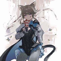 Rule 34 | 1girl, animal ears, artist name, black cape, black gloves, cape, cat ears, cat girl, cat tail, cowboy shot, cup, facial tattoo, food, frilled leotard, frills, genshin impact, gloves, grey pantyhose, highres, holding, holding cup, holding spoon, ice cream, juliet sleeves, leotard, light brown hair, long sleeves, looking at viewer, lynette (genshin impact), pantyhose, parfait, parted lips, puffy sleeves, purple eyes, short hair, solo, spoon, star tattoo, sundae, tail, tattoo, vidoakdame