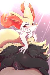 Rule 34 | 1boy, 1girl, animal ear fluff, animal ears, animal nose, anus, artist name, ass, bad id, bad tumblr id, black fur, blush, body fur, braixen, closed mouth, condom, condom in mouth, creatures (company), dark-skinned male, dark skin, fang, flat chest, fox ears, fox girl, fox tail, from behind, furry, furry female, furry with non-furry, game freak, gen 6 pokemon, girl on top, half-closed eyes, hand on own ass, happy, hetero, interspecies, looking back, looking down, mouth hold, neck fur, negoya, nintendo, nude, pokemon, pokemon (creature), presenting, purple background, pussy, pussy juice, red eyes, signature, simple background, smile, snout, solo focus, sparkle, spread legs, straddling, sweat, tail, textless version, uncensored, white fur, yellow fur